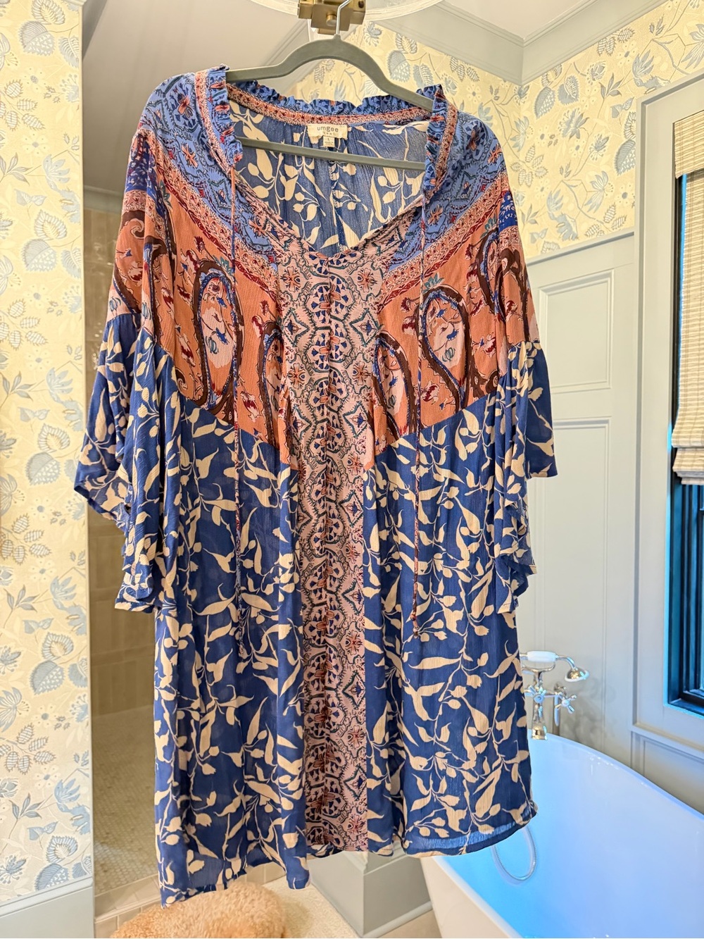 Umgee Blue and Rust Floral Boho V-Neck Long Sleeve Dress